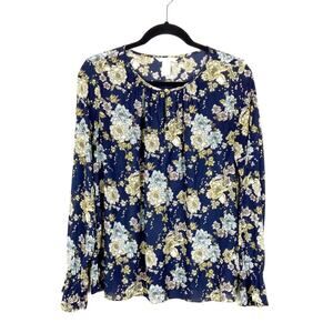 H&M Floral Long Sleeve Top Blouse Size 6 Navy